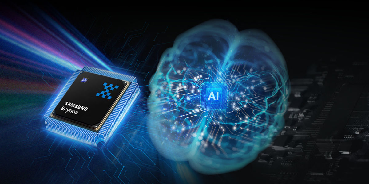 De Exynos 2600‑chip met een stel hersenen met een AI logo