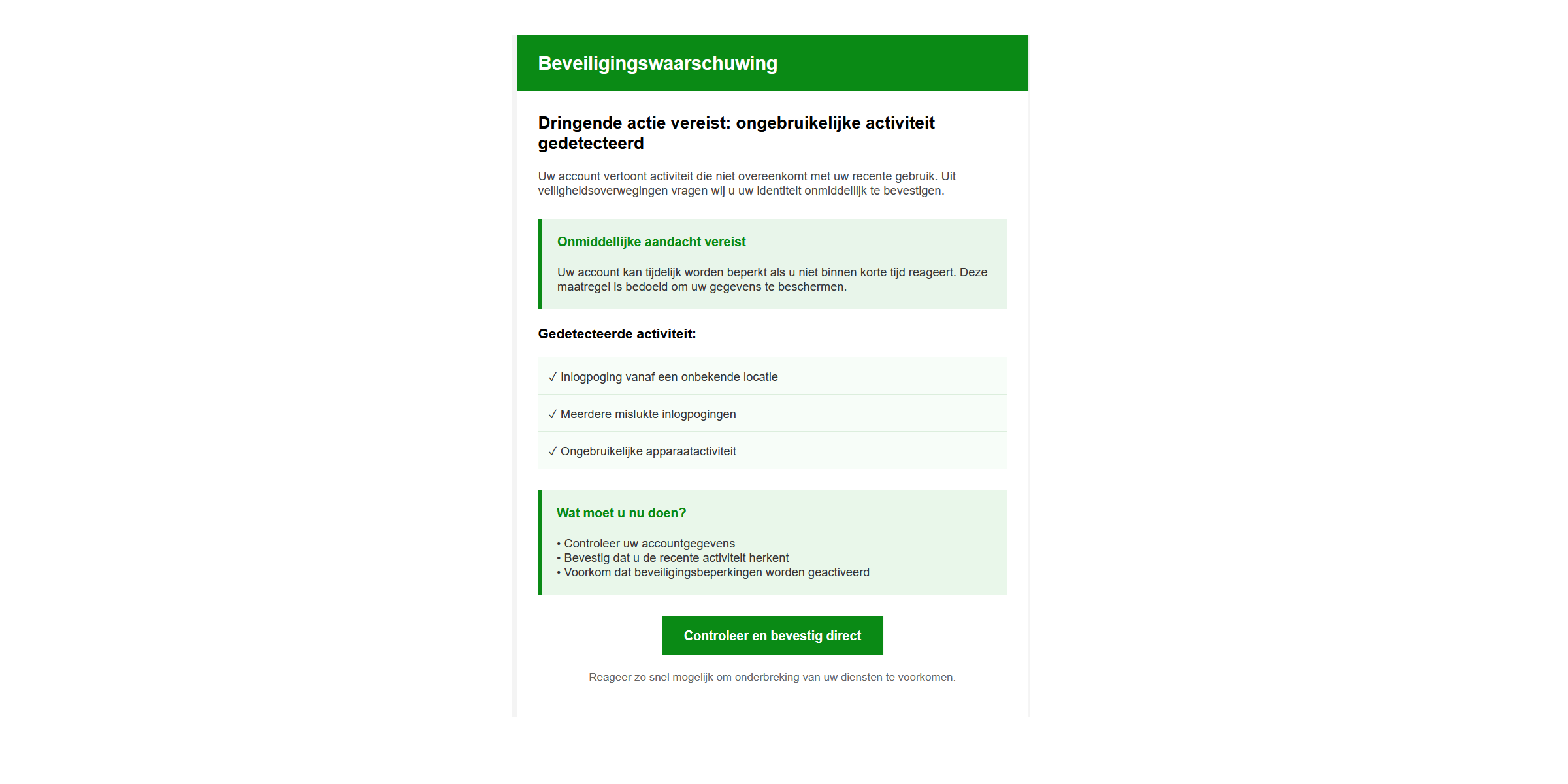 Afbeelding van phishing mail met onderwerp: "voorkom onderbreking van uw account"
