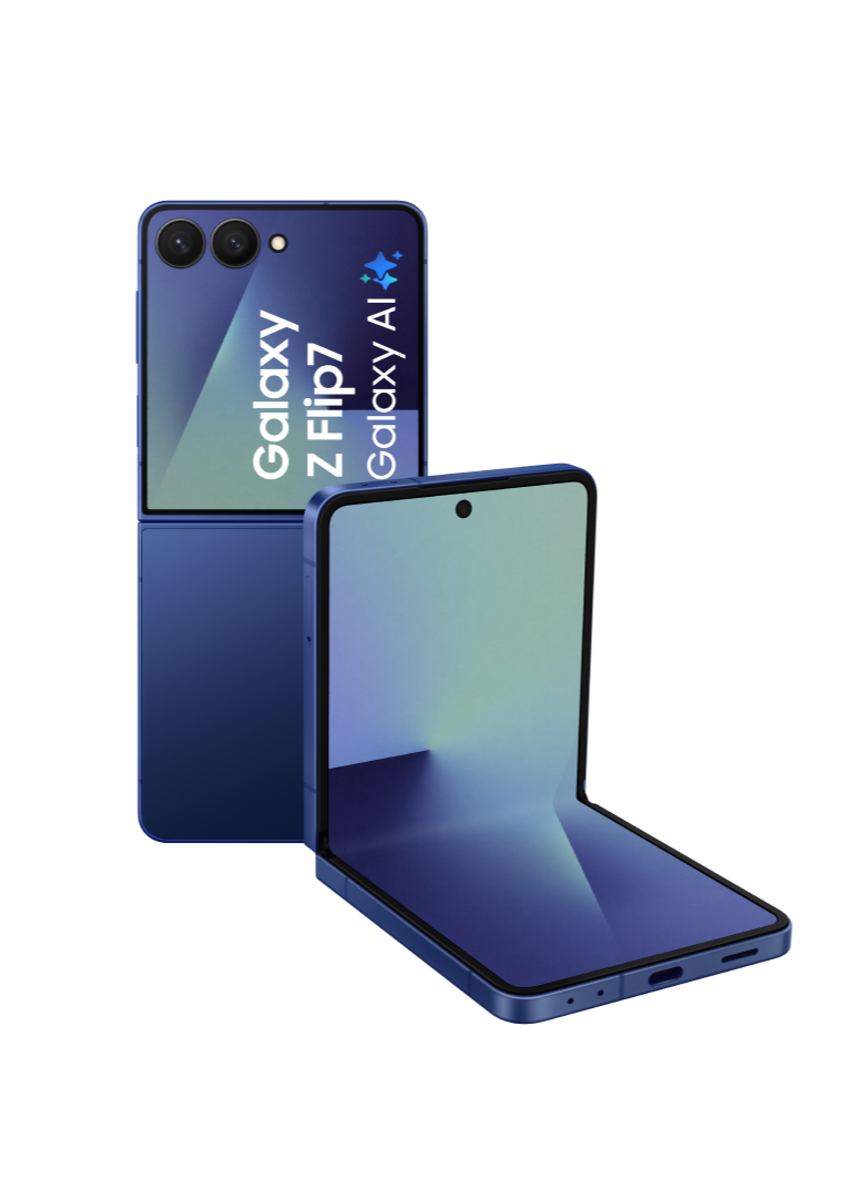 De Samsung Galaxy Z Flip7 in de kleur donkerblauw
