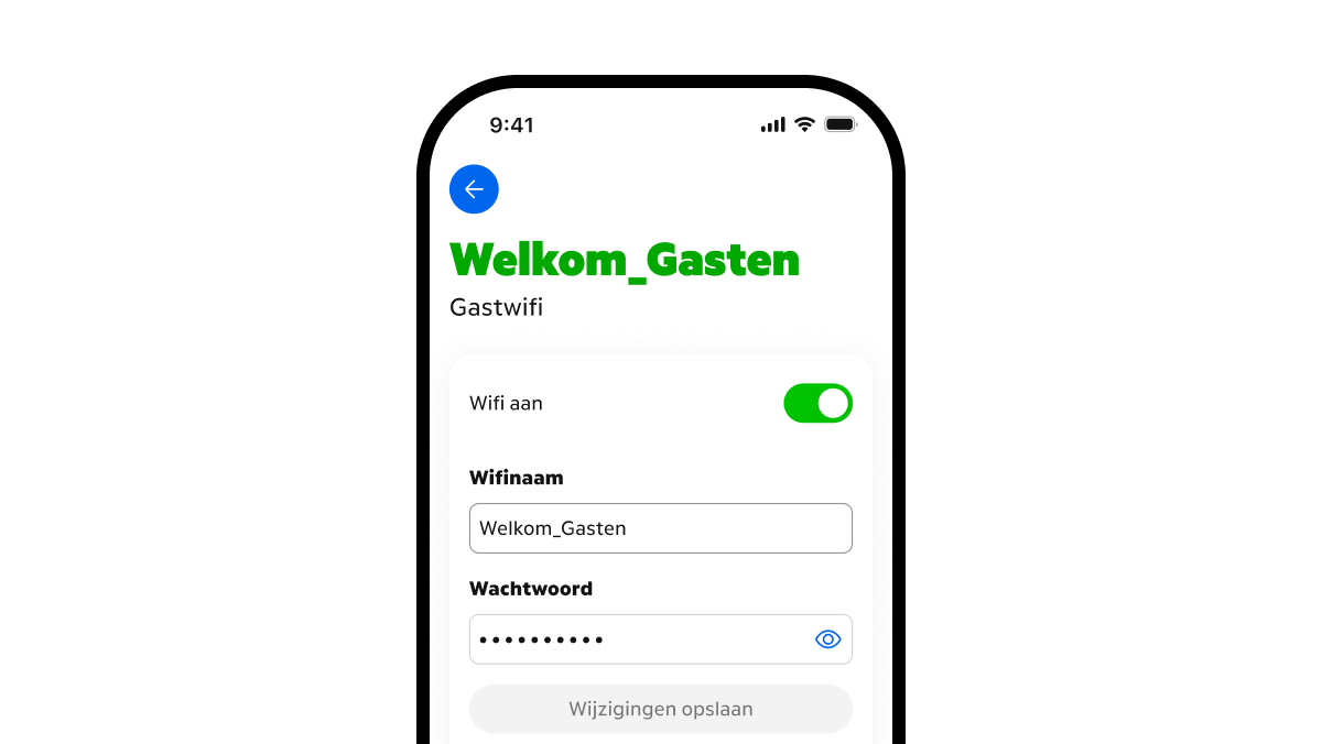 MijnKPN app met de velden uitgelicht waar je voor je gastwifi de wifinaam en het wachtwoord kan invullen