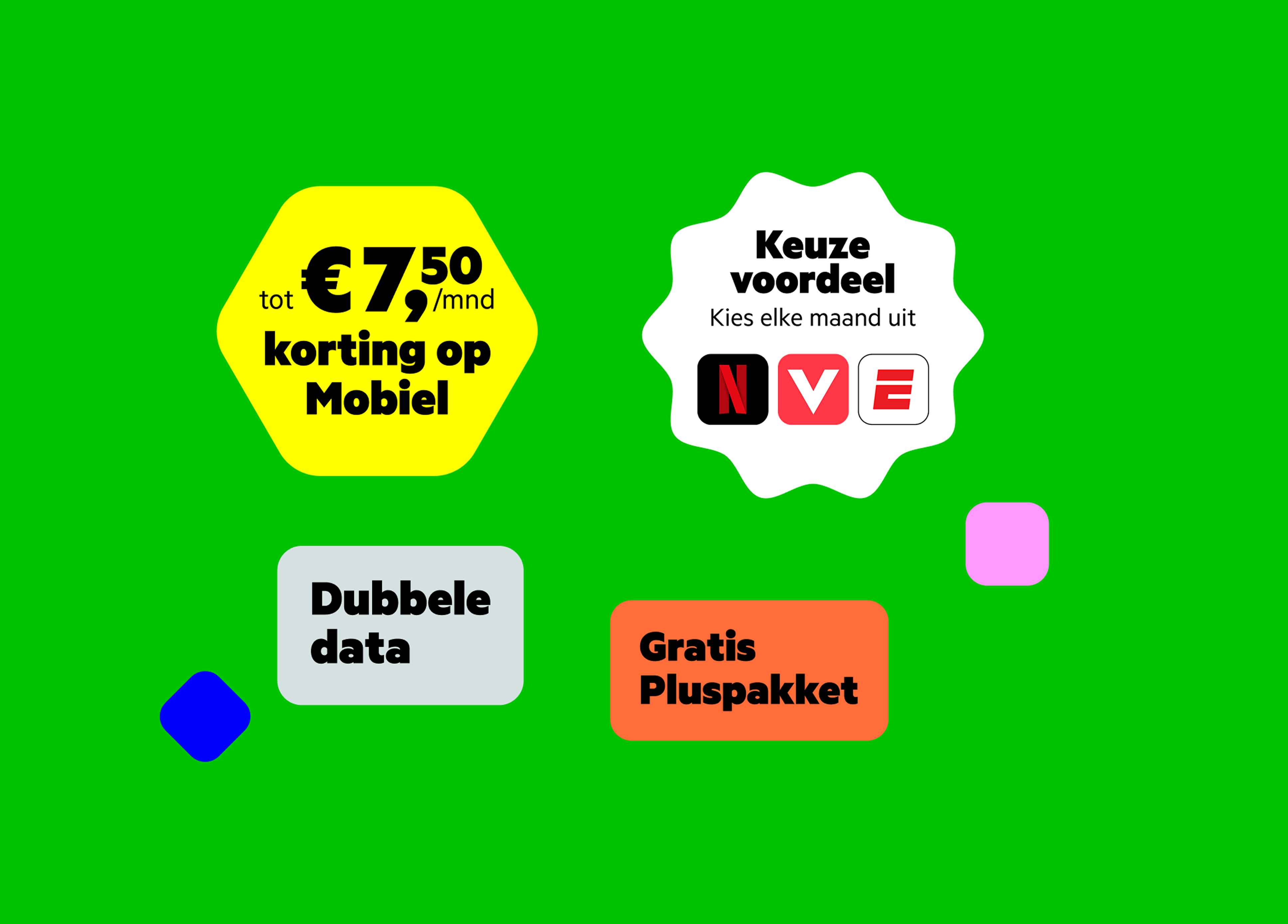 4 uitgelichte Combivoordeel voordelen: tot € 7,50 per maand korting op Mobiel, Dubbele data, Gratis pluspakket, Keuzevoordeel: kies elke maand uit Netflix, Videoland of ESPN