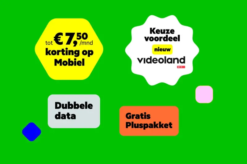 4 uitgelichte Combivoordeel voordelen: tot € 7,50 per maand korting op Mobiel, Dubbele data, Kies uit Netflix of ESPN en Gratis Pluspakket