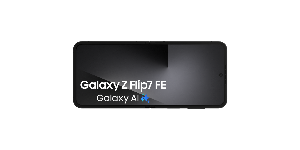 De voorkant van de zwarte Samsung Galaxy Z Flip7 FE