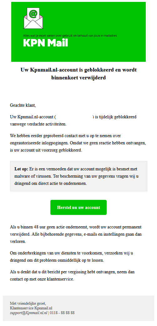 Afbeelding van phishingmail met onderwerp: Herstel nu uw account