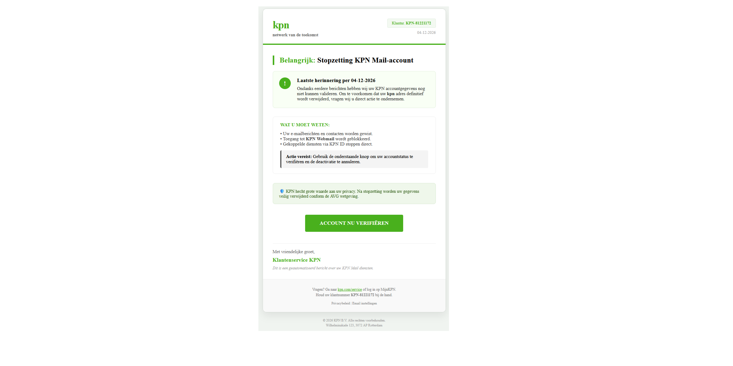 Afbeelding van phishing mail met onderwerp "Al uw bestanden en persoonlijke gegevens worden verwijderd"