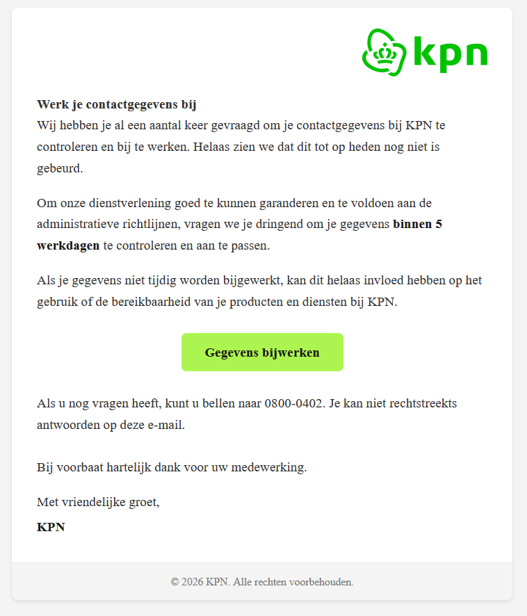 Afbeelding van phishingmail met de onderwerpen: Zorg dat uw gegevens up-to-date zijn / Laatste herinnering: Uw gegevens zijn nog niet bijgewerkt