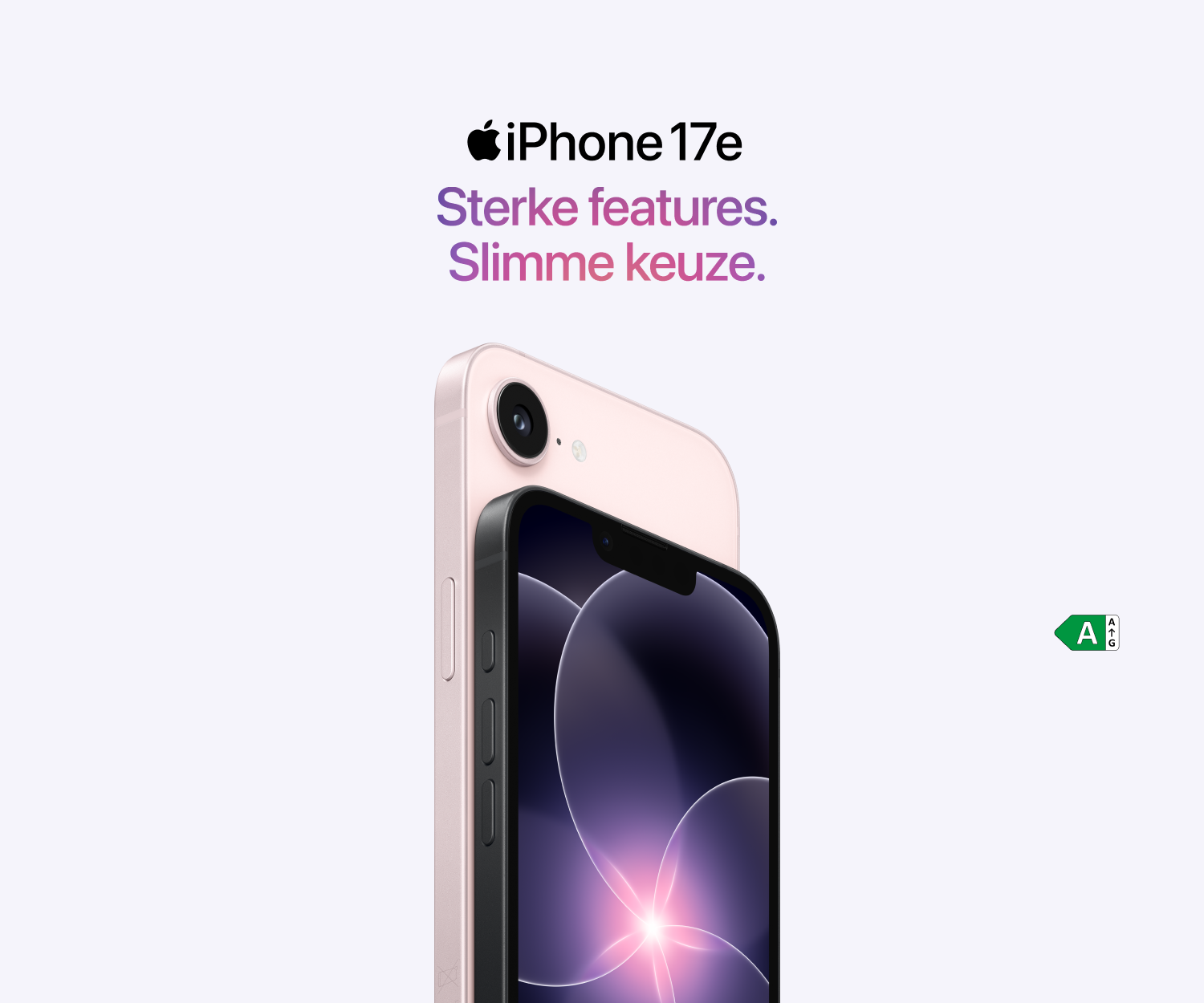 De zachtroze en zwarte iPhone 17e met de tekst sterke features slimme keuze