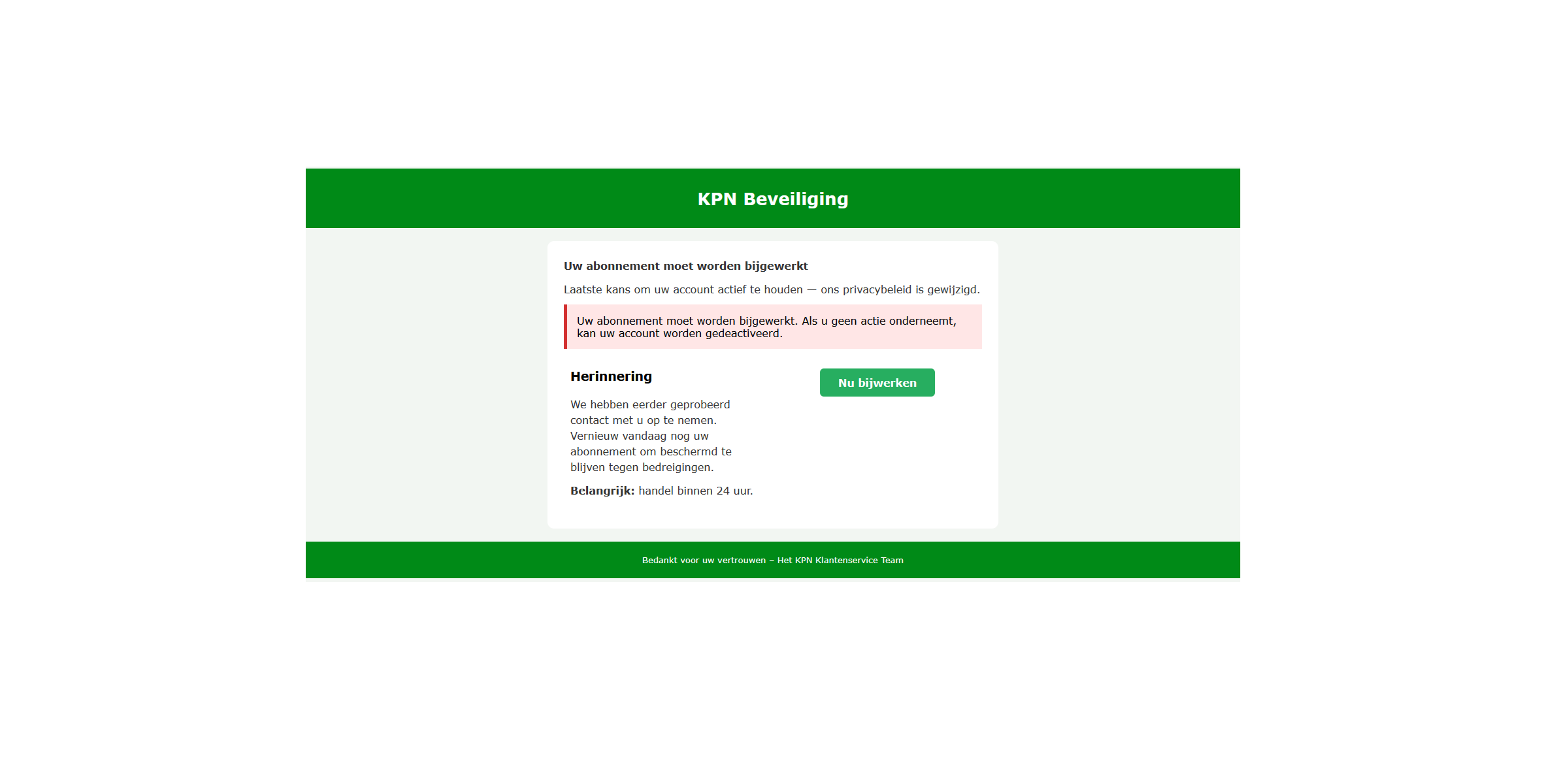 Schermafbeelding van Phishing mail "Belangrijke mededeling over uw account"