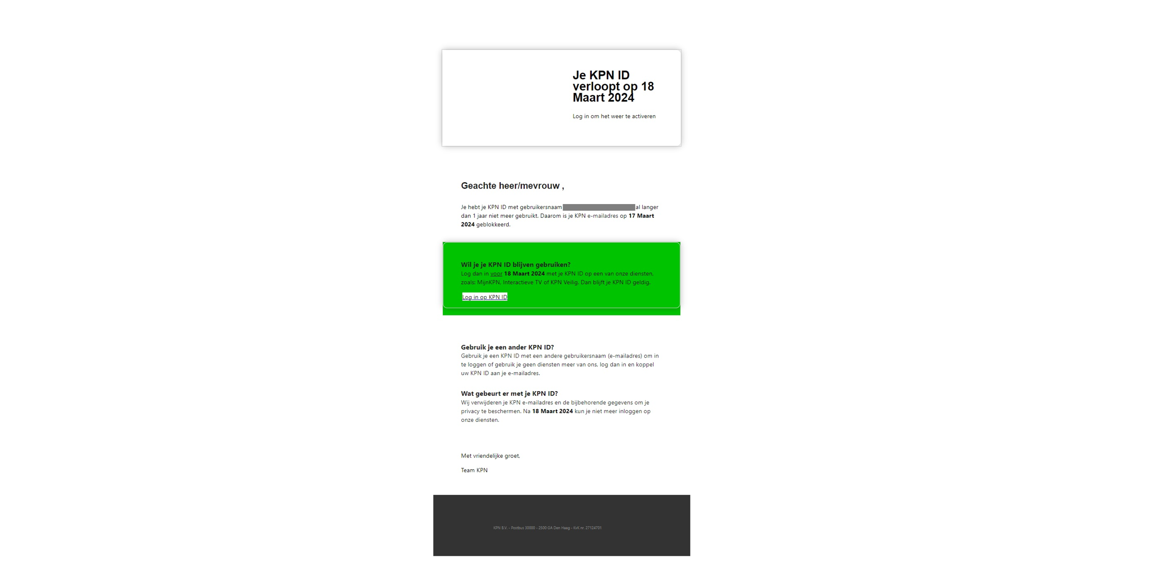 Afbeelding van phishing mail met de titel Je KPN ID verloopt binnenkort