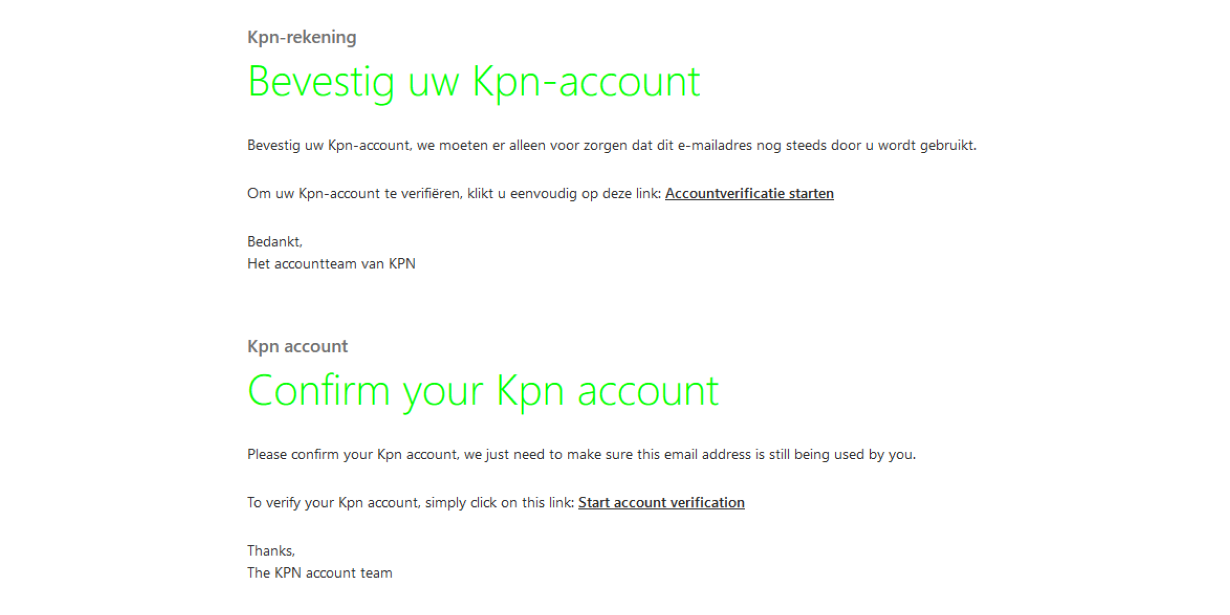 Voorbeeld van phishing mail met onderwerp: Bevestig uw Kpn-account/Confirm your Kpn account