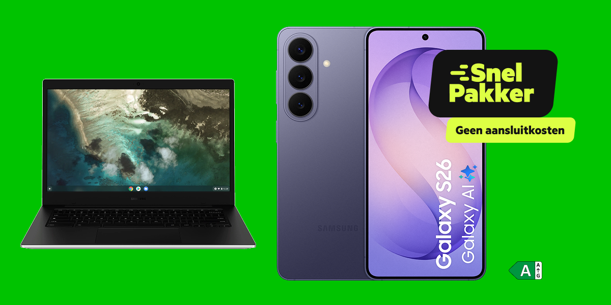 Samsung Galaxy S26 met Galaxy Chromebook Go met een snelpakker label op een groene achtergrond
