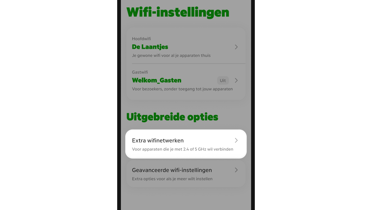 MijnKPN app op de pagina Wifi-instellingen waarbij Extra wifinetwerken is uitgelicht