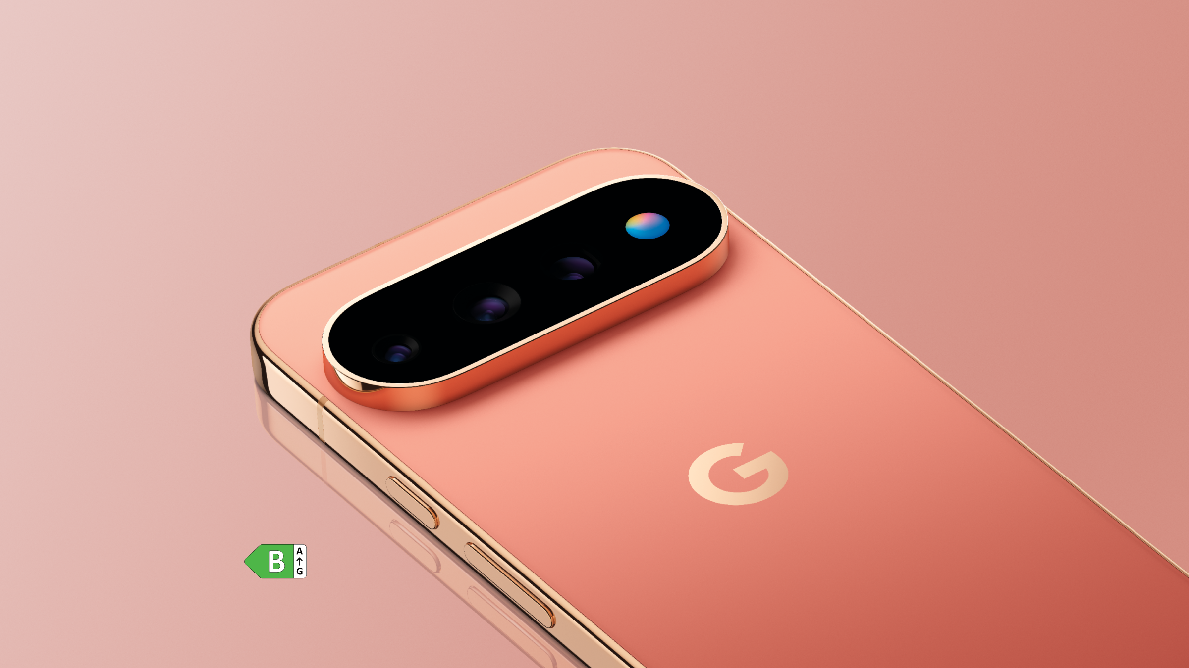 De Google Pixel 11 Pro in het roze op een roze achtergrond met energielabel B