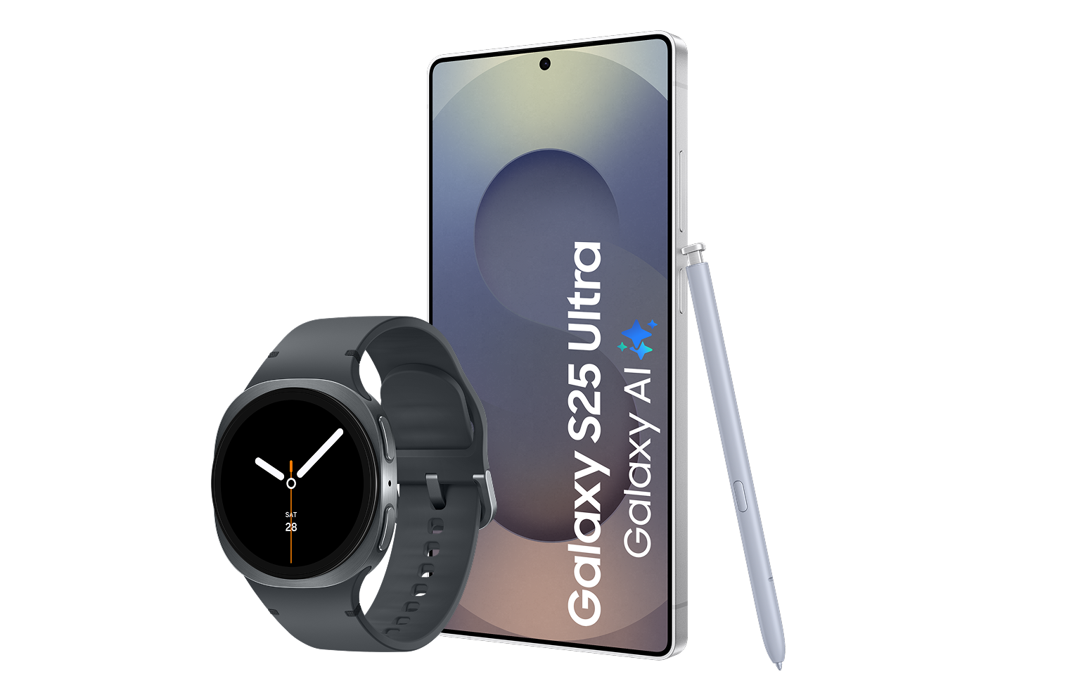 De Samsung Galaxy Watch8 Graphite met de Samsung Galaxy S25 Ultra
