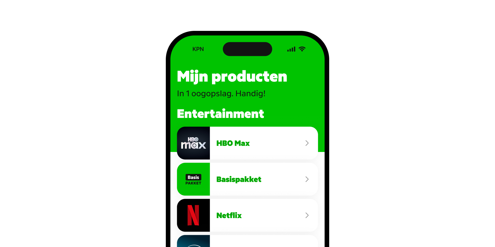 MijnKPN app met overzicht van entertainmentdiensten