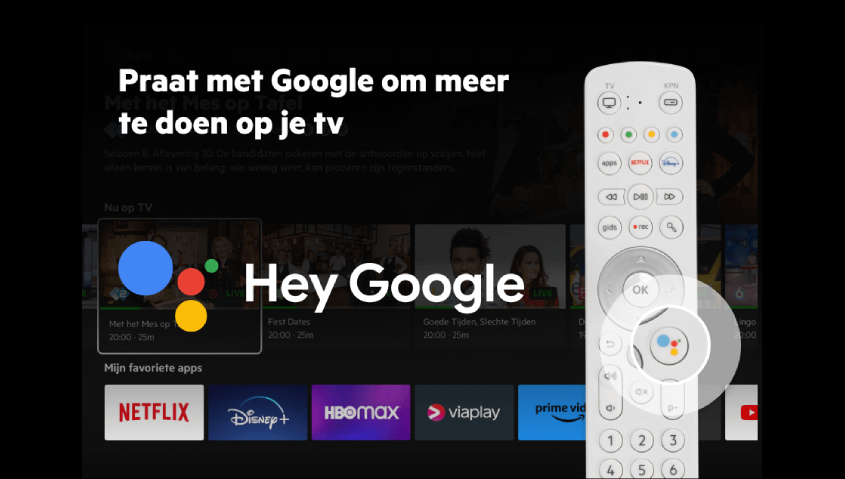"Hey Google" praat via de KPN afstandsbediening met de Google Assistent knop