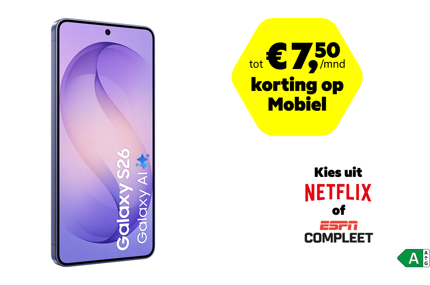 De voorkant van de paarse Galaxy S26 met energielabel A.