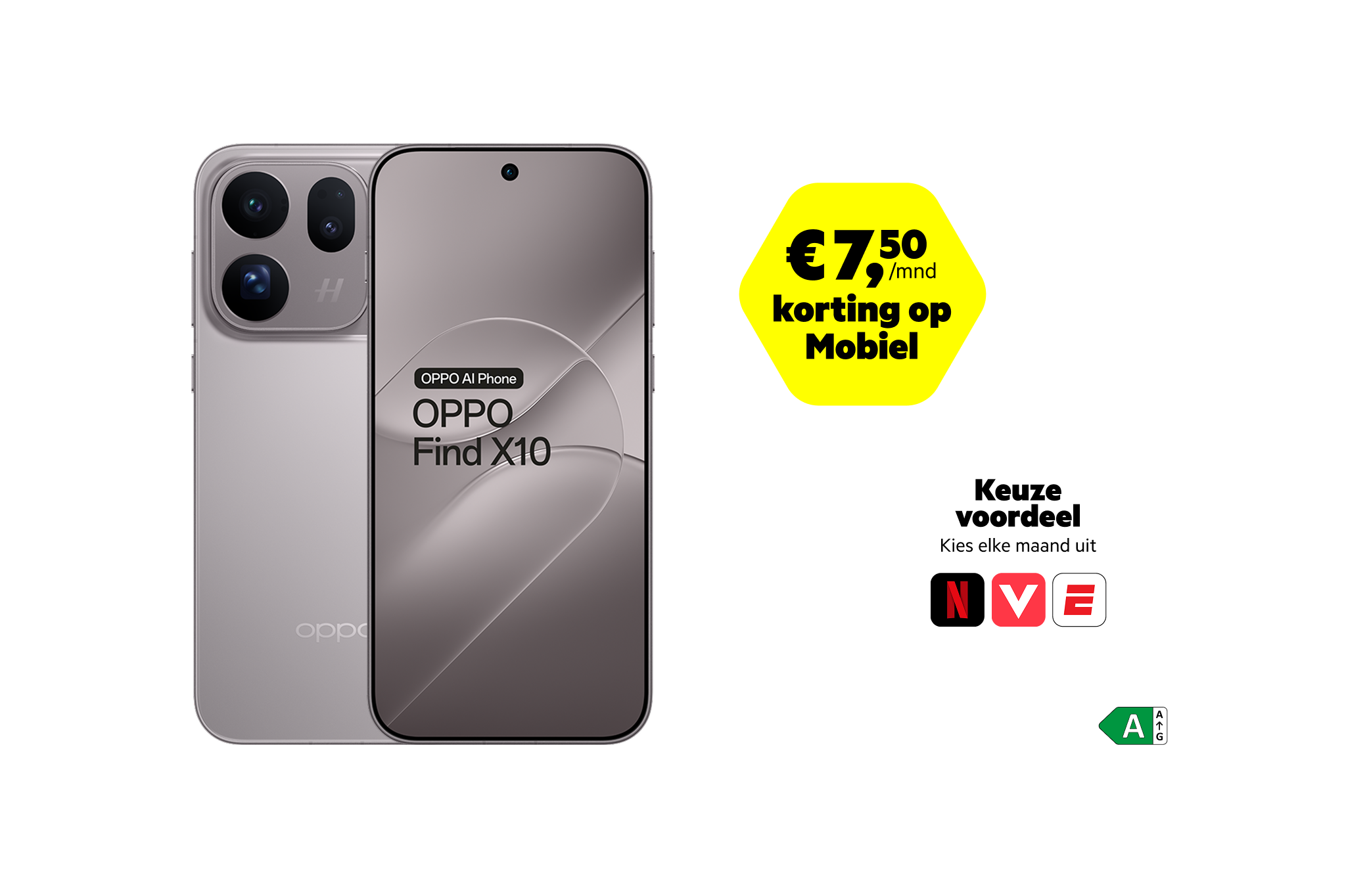 De grijze OPPO Find X10 met combivoordeelstickers en energielabel A