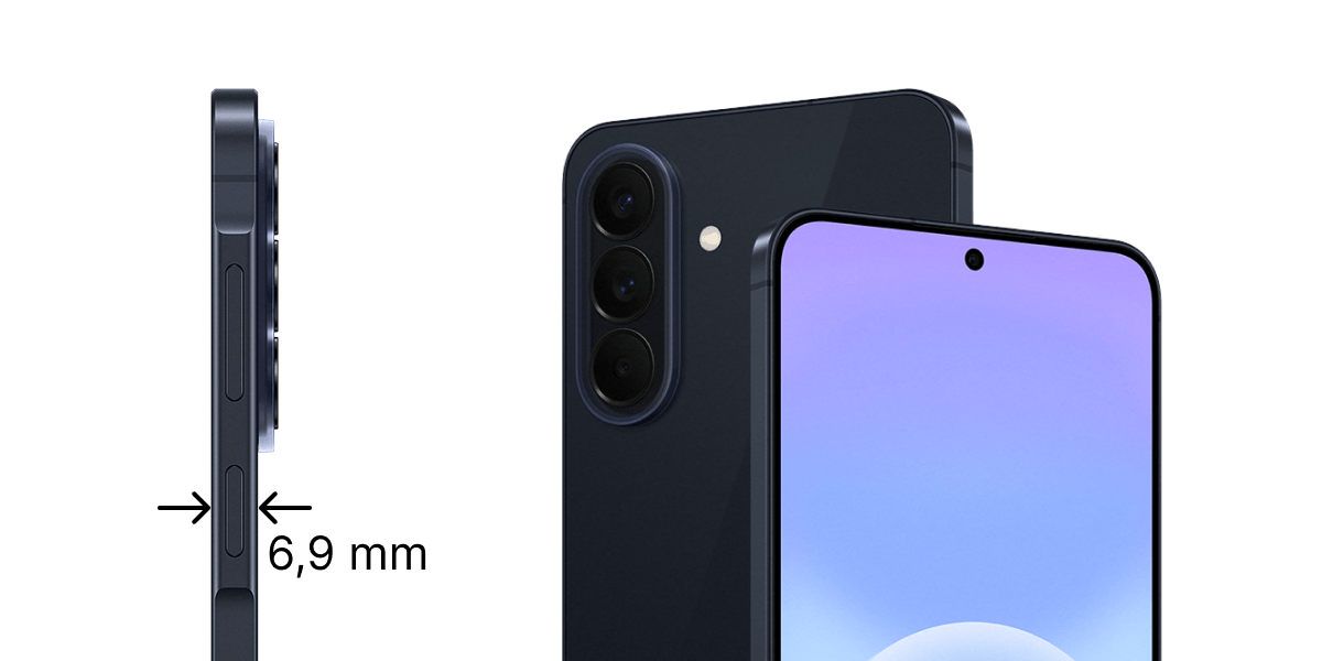 De achterkant en de voorkant en de zijkant van de donkerblauwe Samsung Galaxy A57