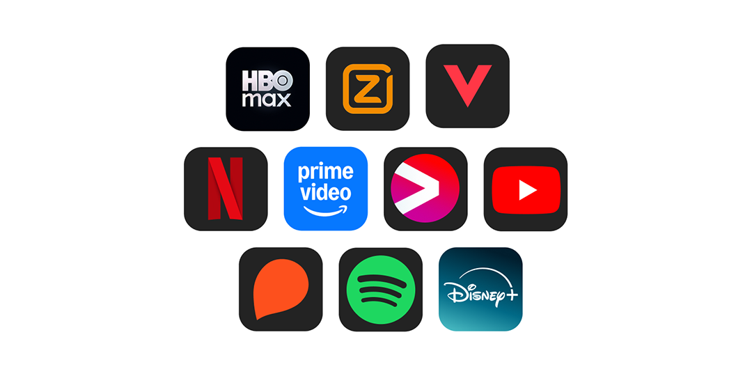 Overzicht van 10 logo's van streamingdiensten en apps in KPN TV+: HBO Max, Ziggo, Videoland, Netflix, Prime Video, Viaplay, Youtube, Storytel, Spotify en Disney+