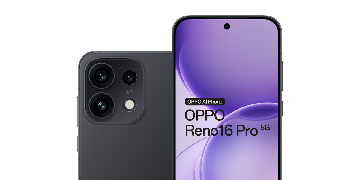 De voor en achterkant van de OPPO Reno16 Pro in het zwart