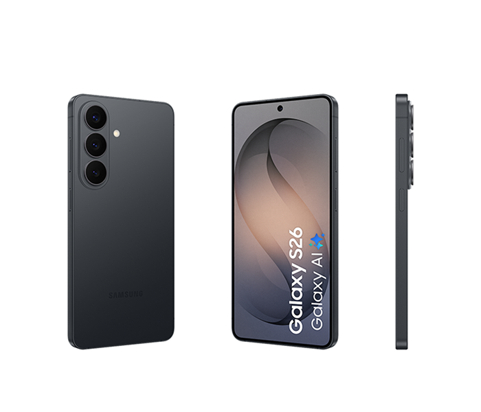 Achterkant voorkant en zijkant van de zwarte Samsung Galaxy S26