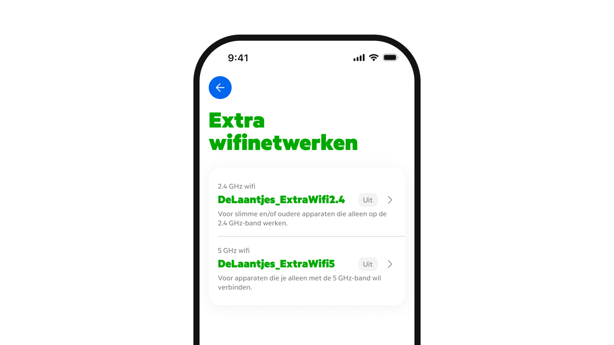 MijnKPN app op de pagina Extra wifinetwerken waarbij Extra 2.4 is uitgelicht. Bij Extra Netwerk staat het groene schuifje aan. Hieronder staan de wifinaam en wachtwoord van dit extra netwerk.