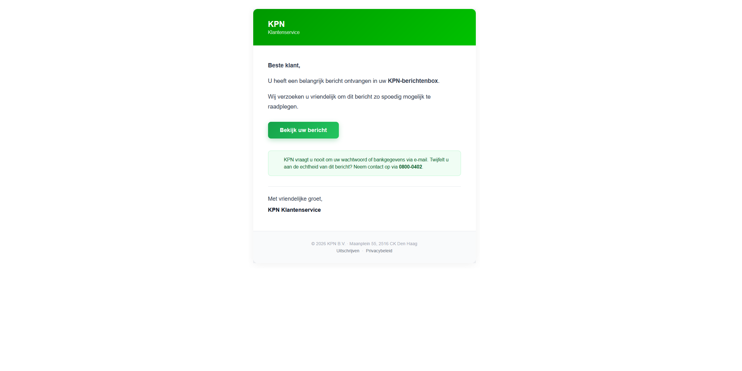 Afbeelding van phishing mail met onderwerp: KPN: Bekijk uw bericht