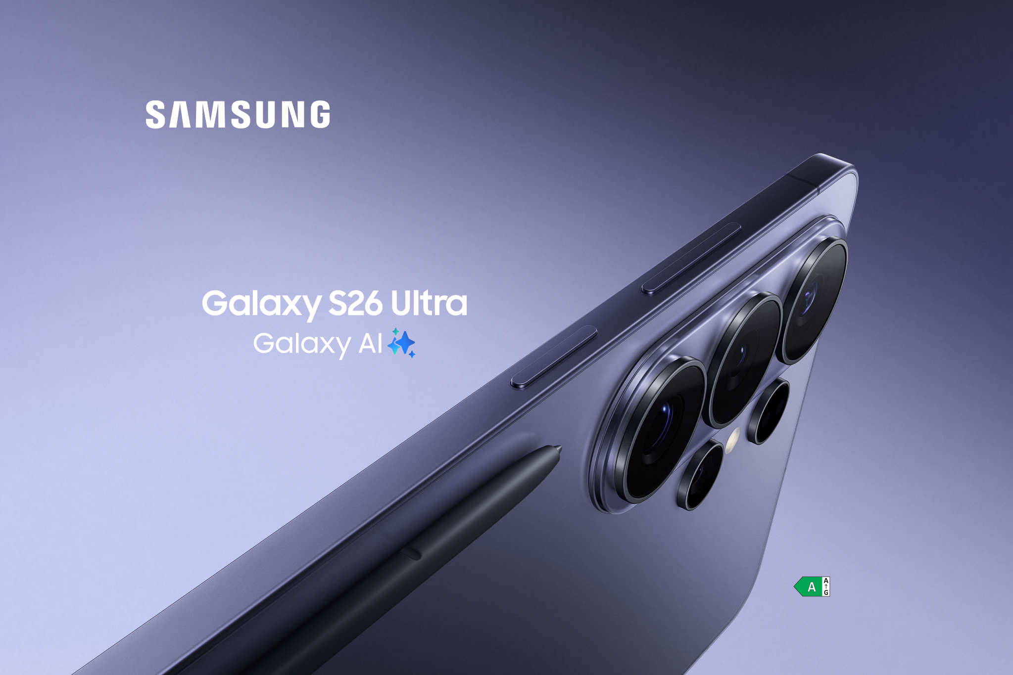 De zij en achterkant van de donkerpaarse Samsung Galaxy S26 Ultra met S Pen