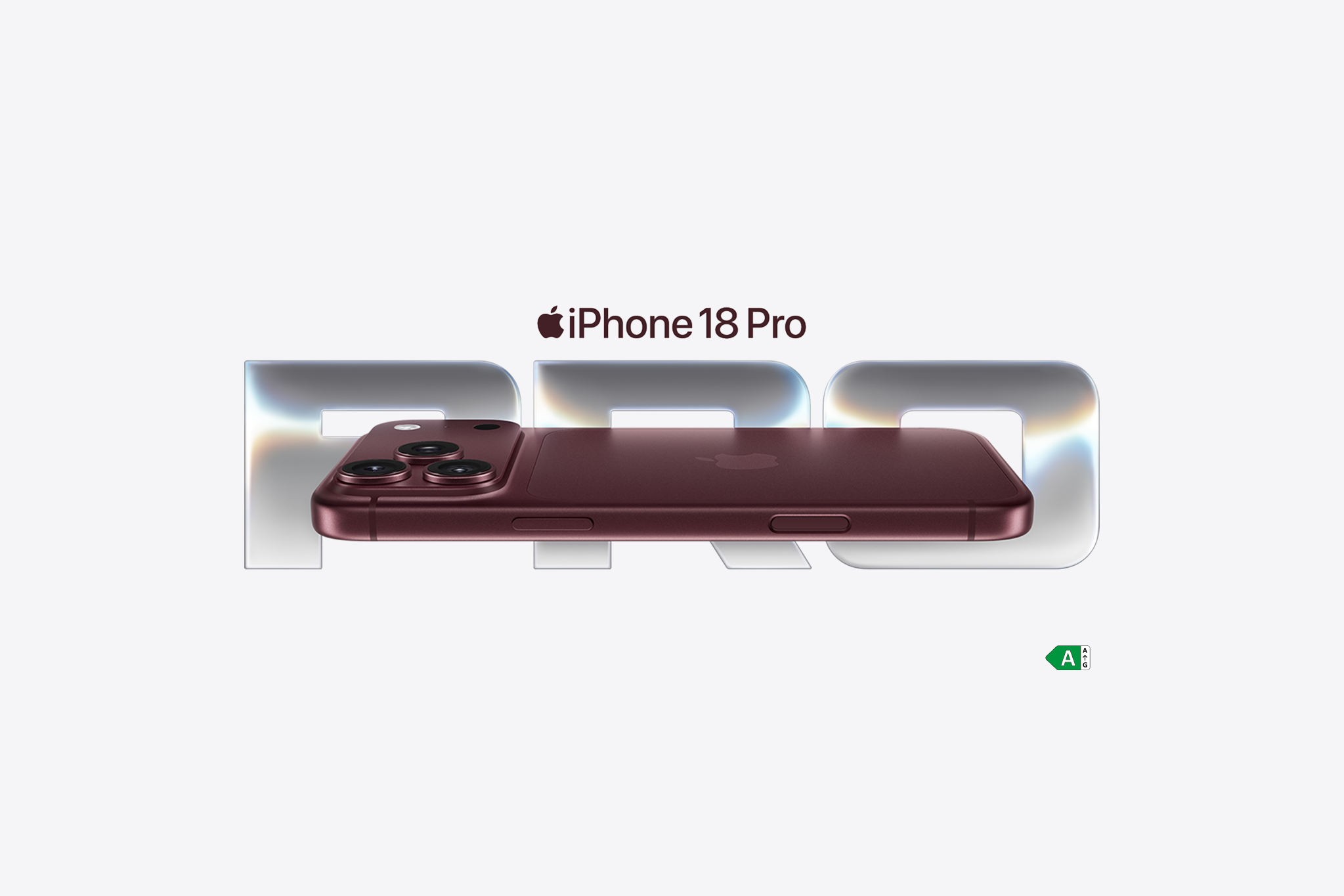 iPhone 18 pro in de kleur Burgundy op een licht grijze achtergrond met energielabel a