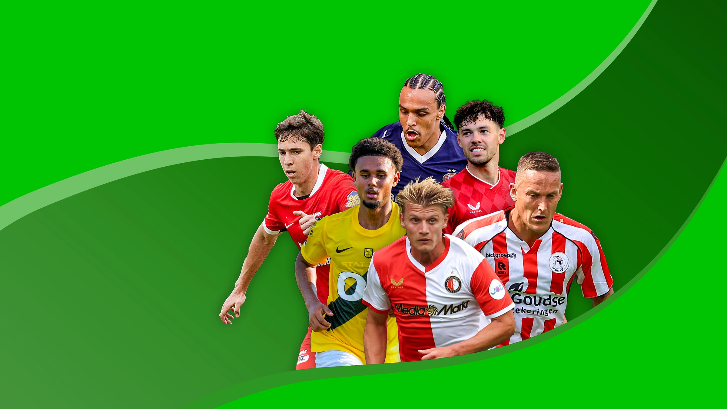 Spelers uit de Eredivisie op een groene achtergrond