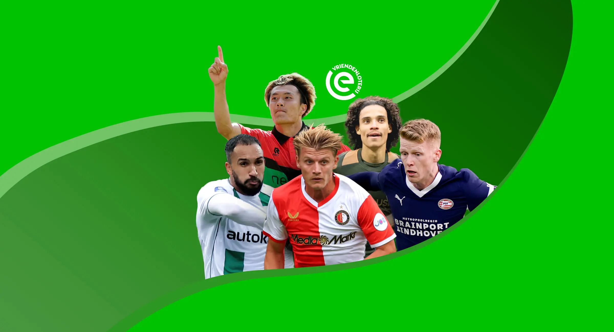 Spelers uit de Eredivisie op een groene achtergrond