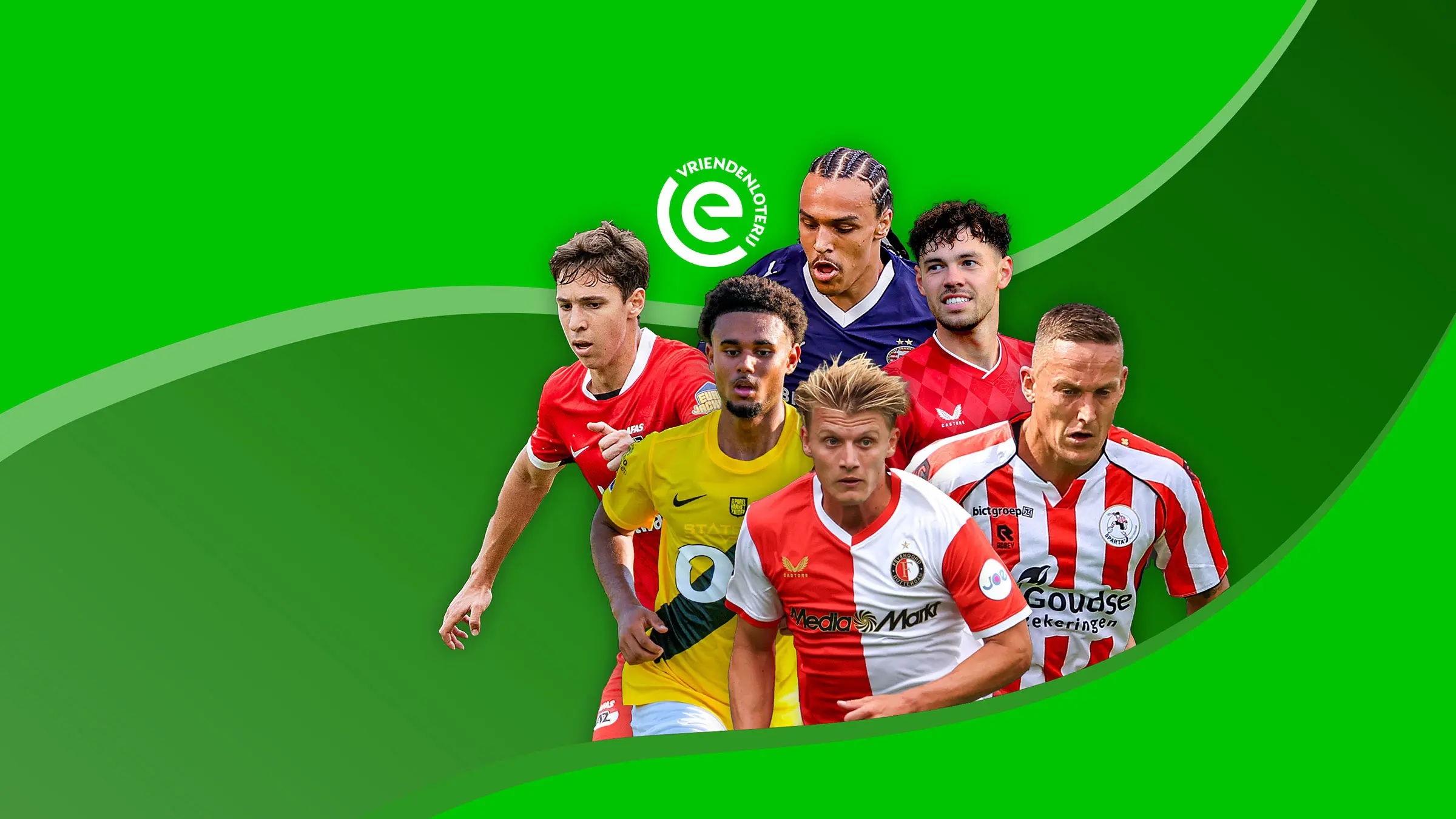 Spelers uit de Eredivisie op een groene achtergrond