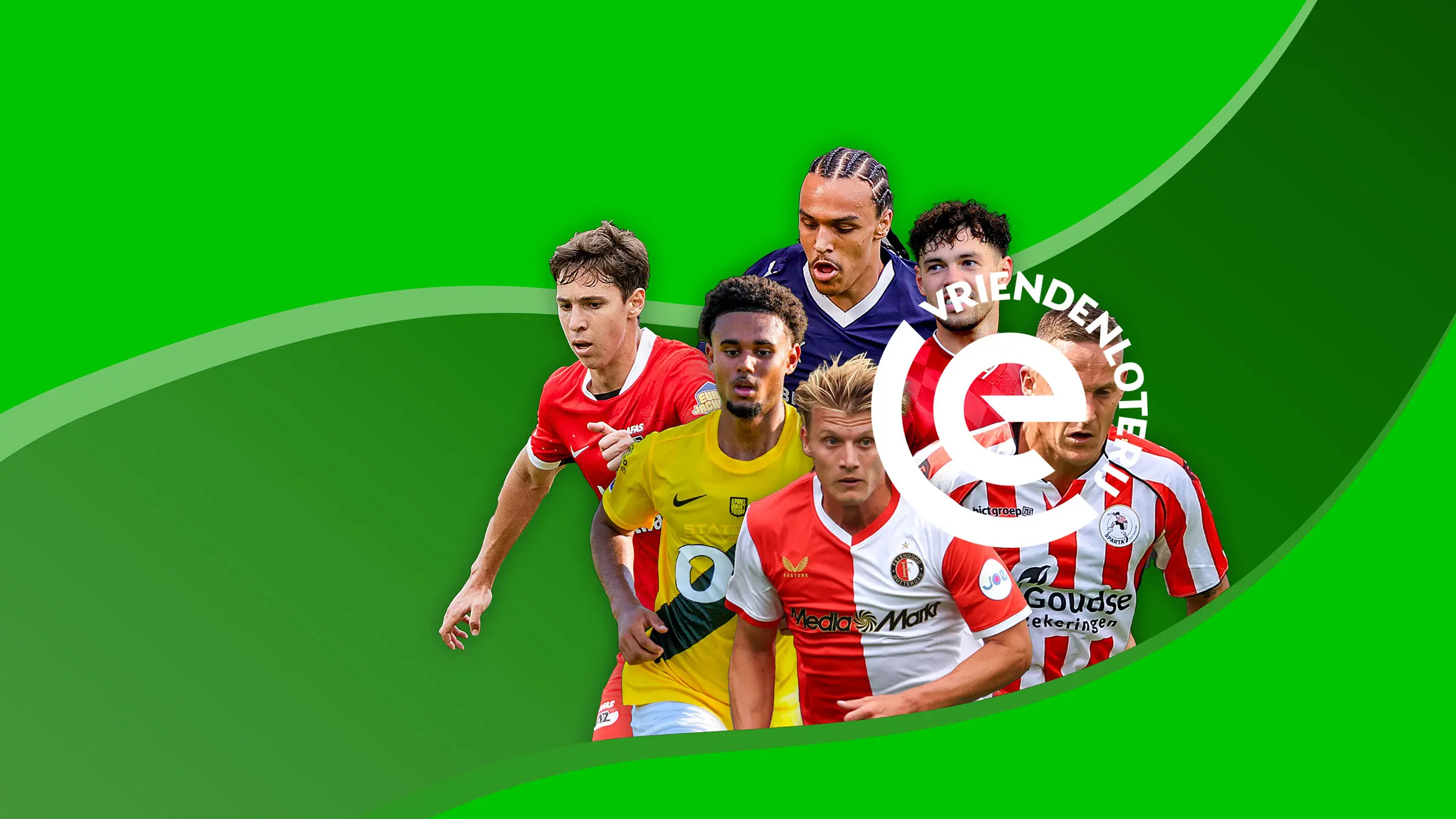 Spelers uit de Eredivisie op een groene achtergrond