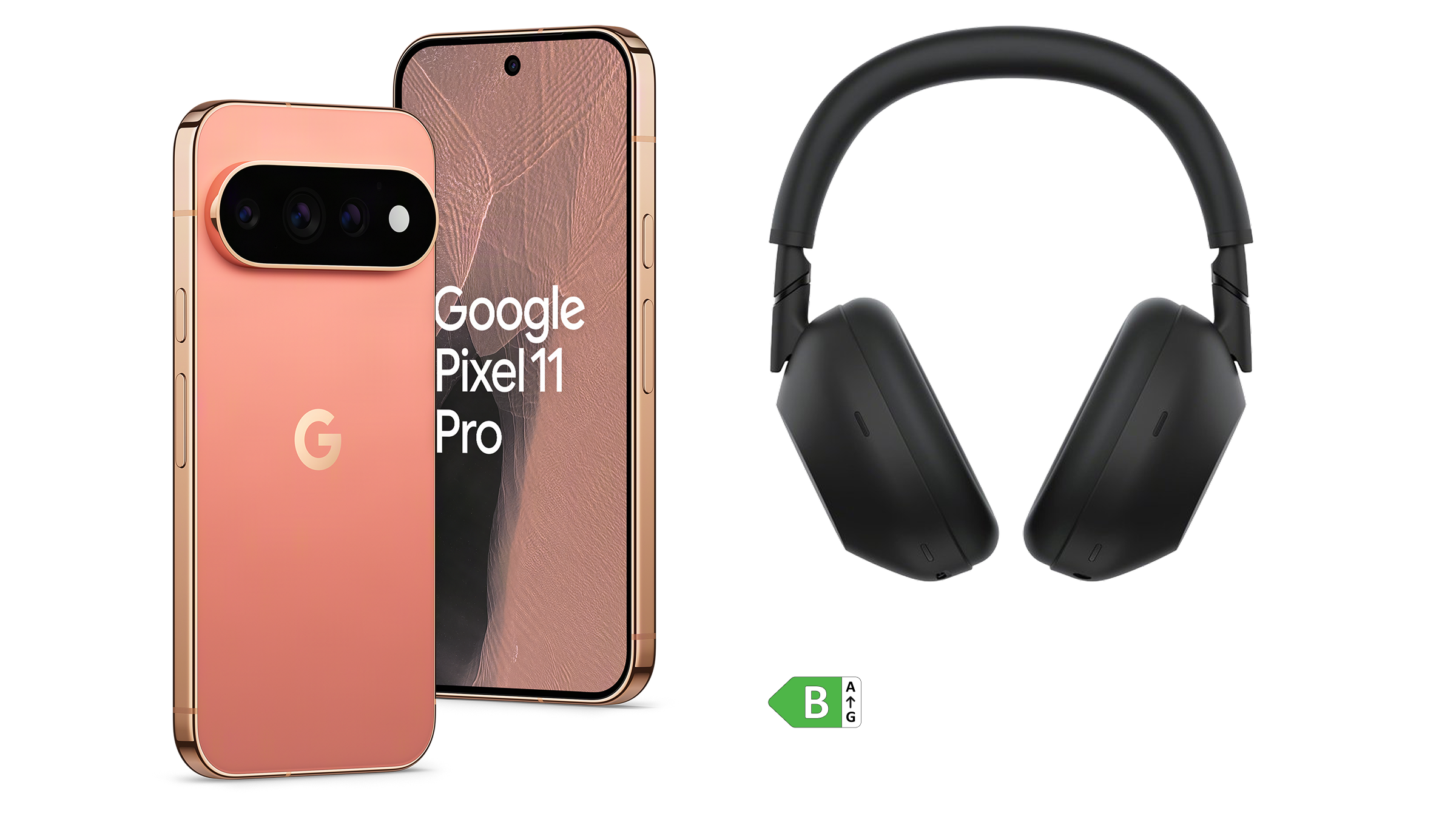 De roze Google Pixel 11 Pro naast de Sony Headphone WH-1000XM6