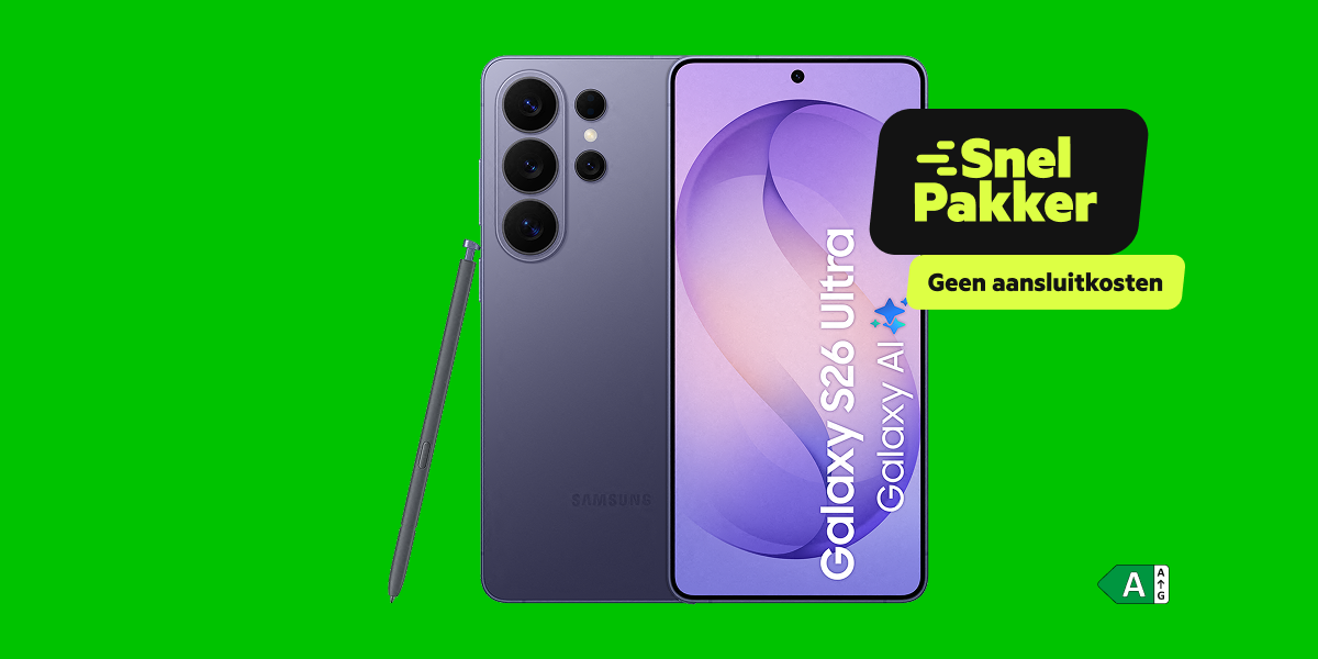 De Samsung Galaxy S26 Ultra met S Pen en een Snelpakker label op een groene achtergrond