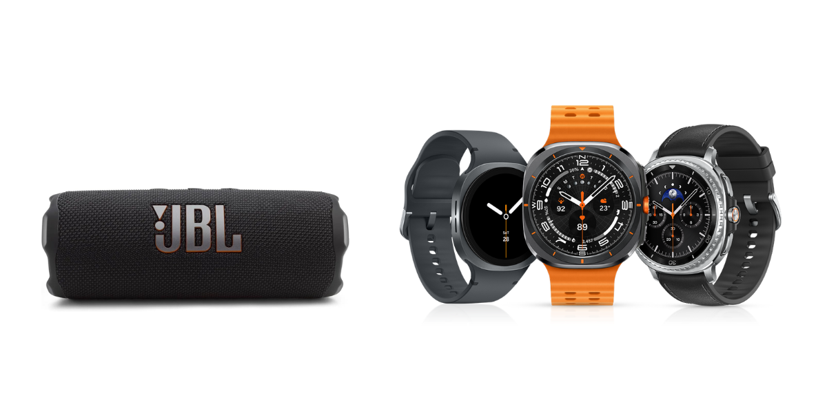 Verschillende Samsung Galaxy Watches met zwarte JBL Flip 7 muziekbox