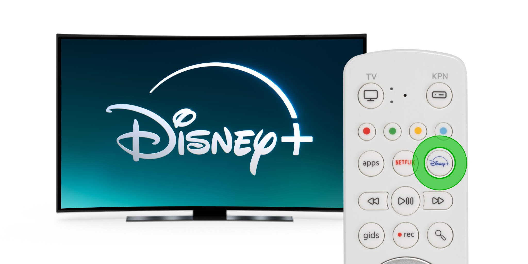 Afstandsbediening met focus op Disney+ knop