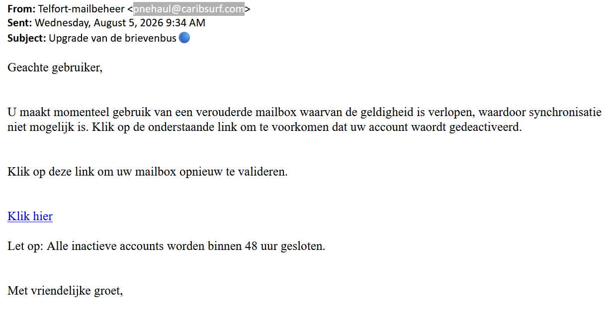 Afbeelding van phishing mail met onderwerp: Upgrade van de brievenbus