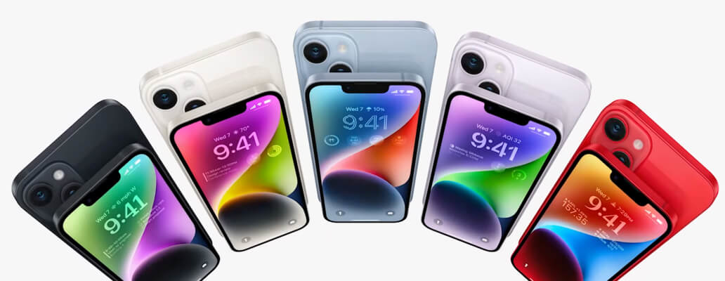 5 iPhone's in de kleuren zwart, wit, blauw, lila en rood