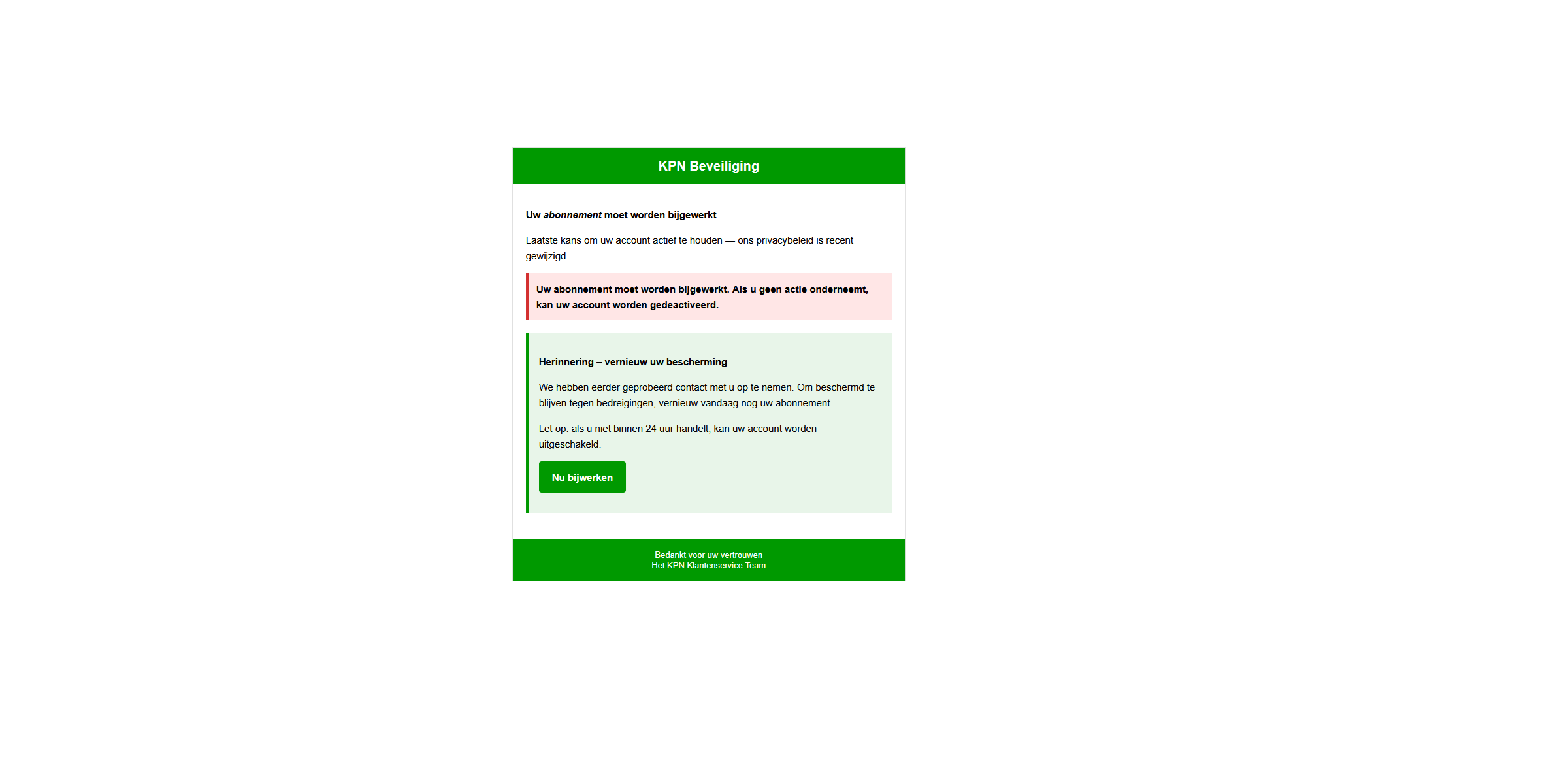 Afbeelding van Phishing mail met onderwerp "Belangrijke informatie over uw account"