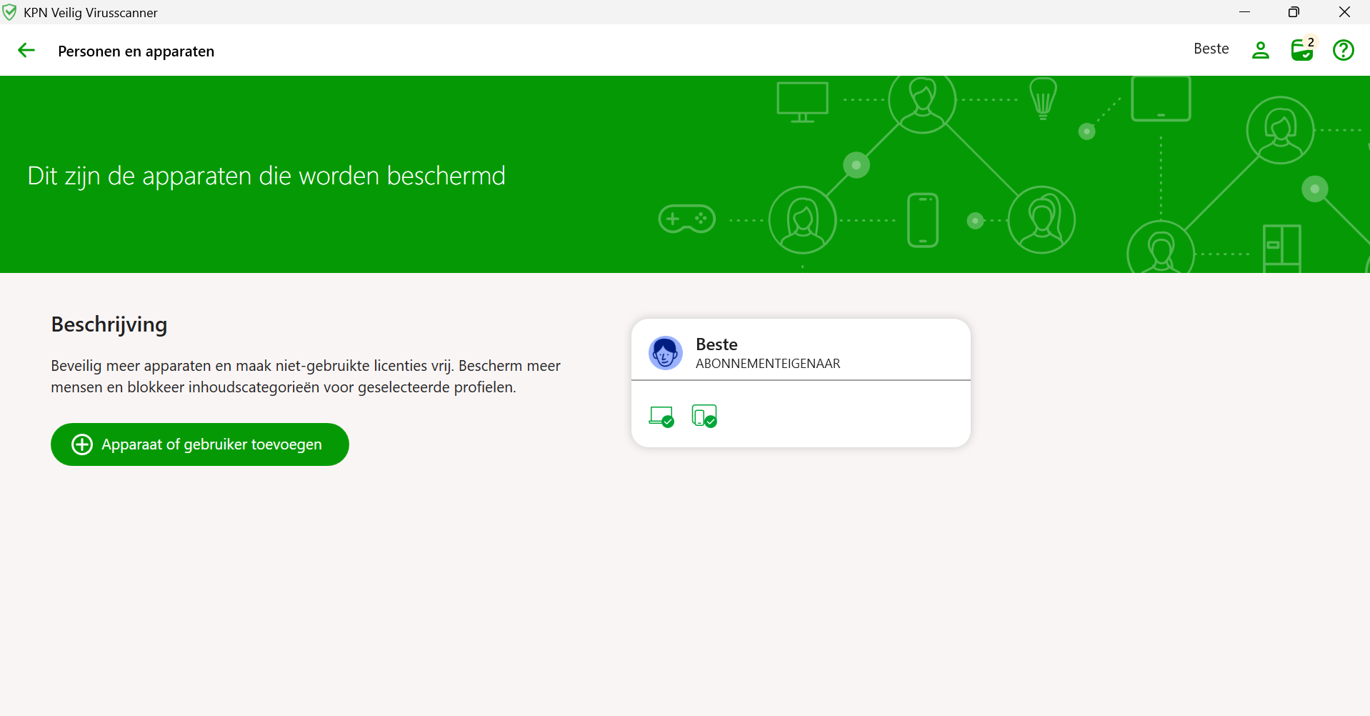Screenshot van de desktop F-Secure virusscanner waarop een overzicht van beschermde apparaten te zien is