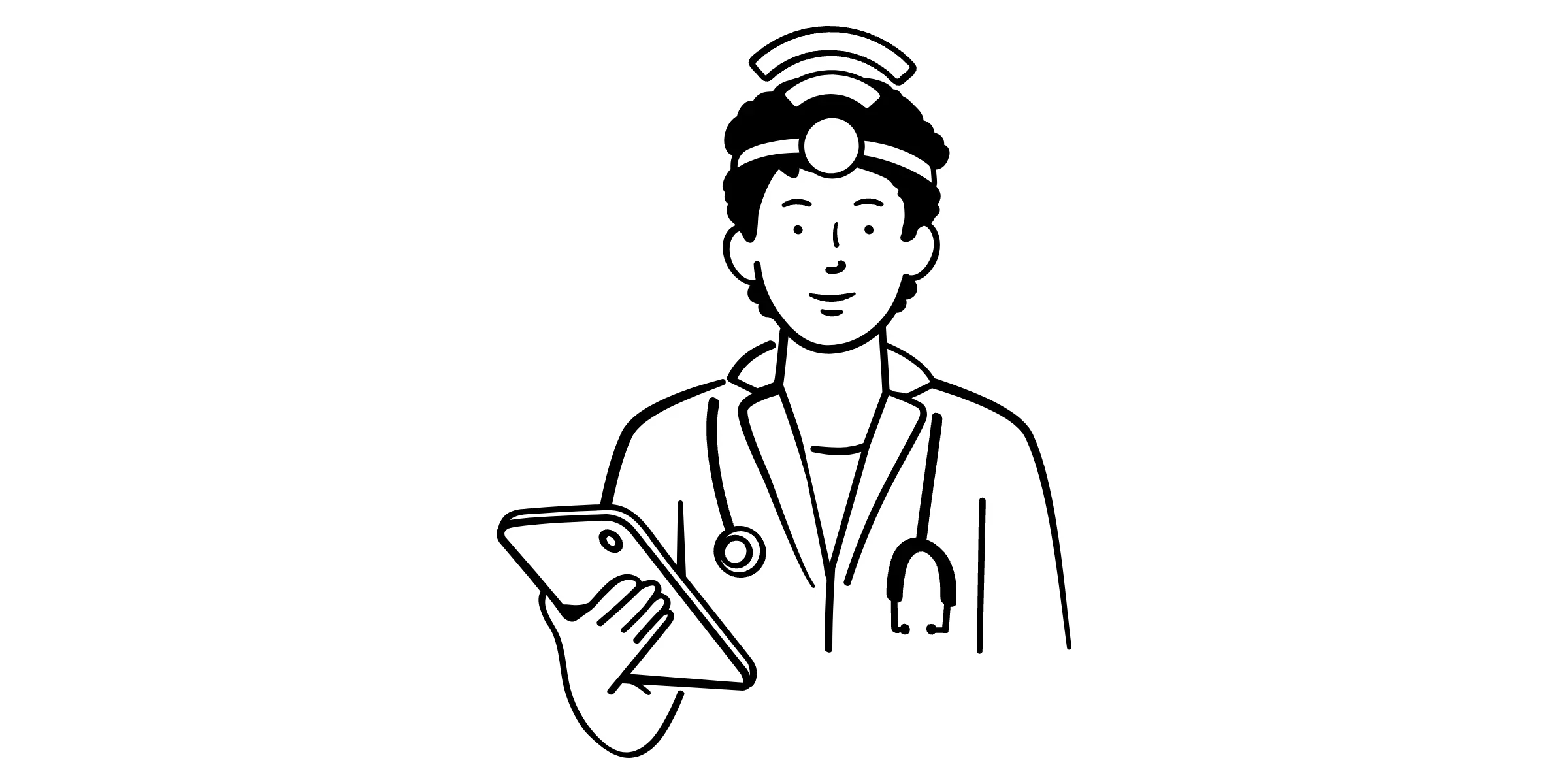 Lijntekening van een dokter met een tablet in de hand en een wifi-signaal boven het voorhoofd.