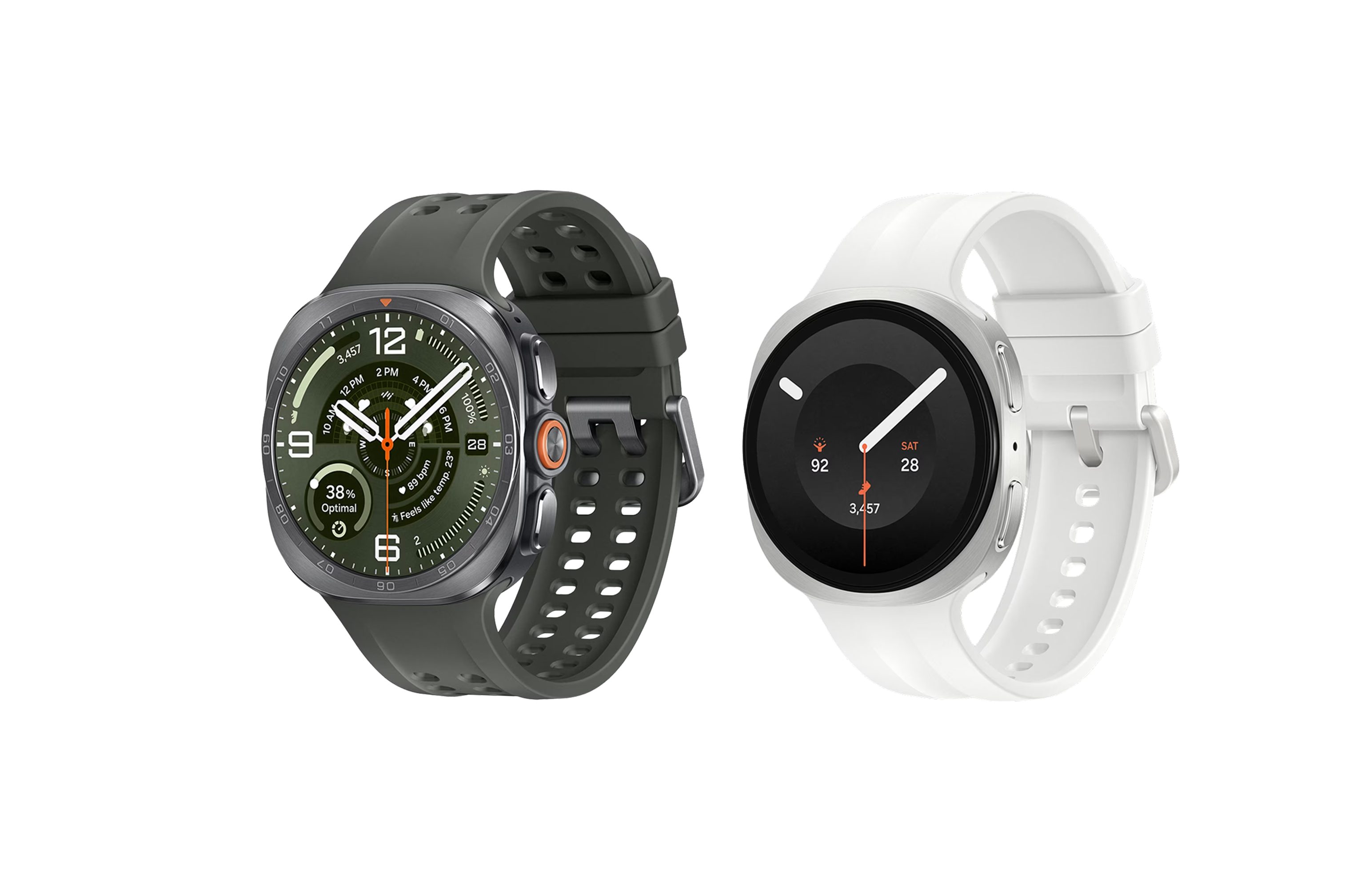 De zilveren Watch Ultra2 met groen bandje en de witte Watch9 met wit bandje