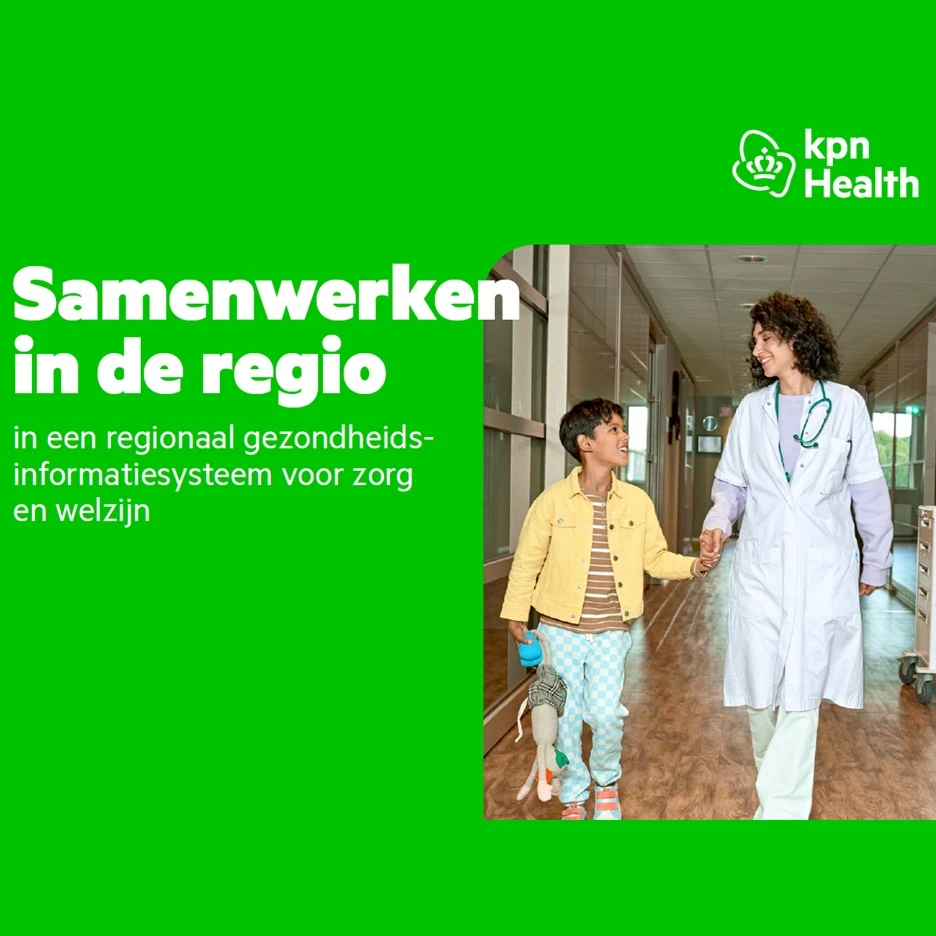 Zorgmedewerker met kind en bijschrift.