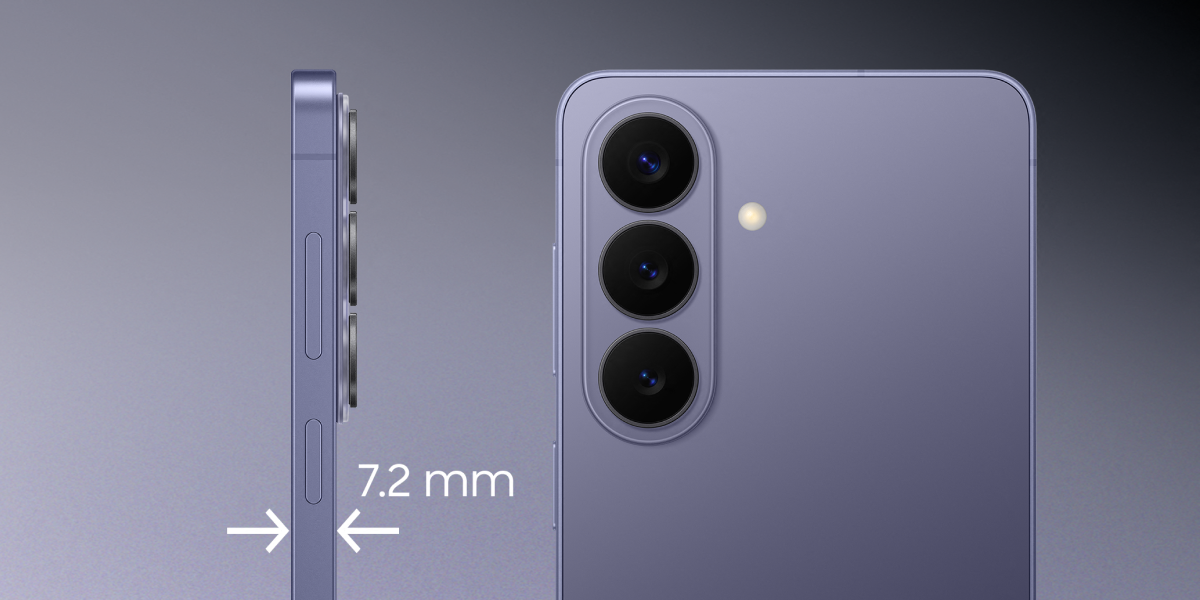 Twee witte pijlen tonen dat de S26 slechts 7,2 mm dik is