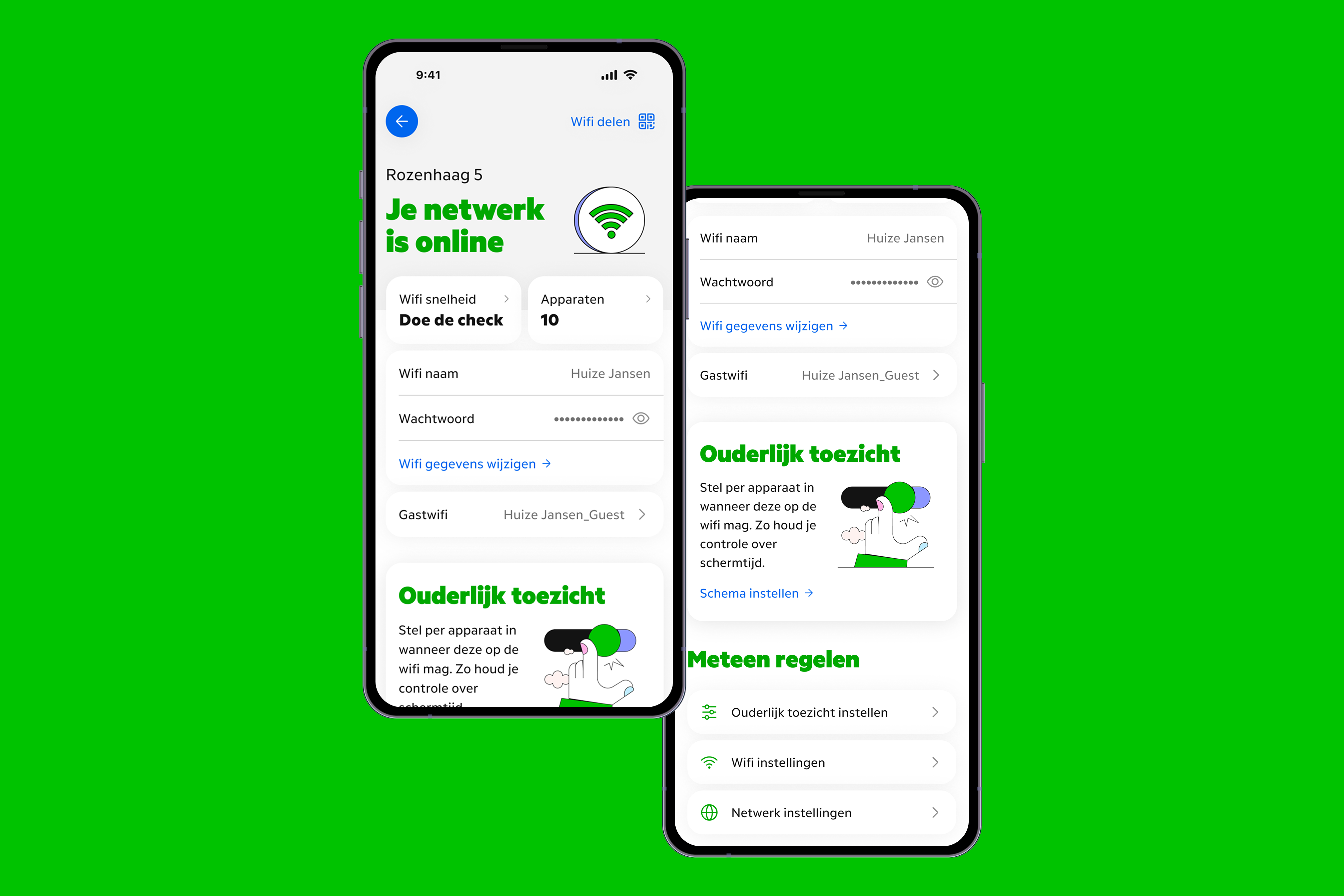 Twee smartphones met de MijnKPN app tonen netwerkstatus en opties zoals ouderlijk toezicht en wifi-instellingen