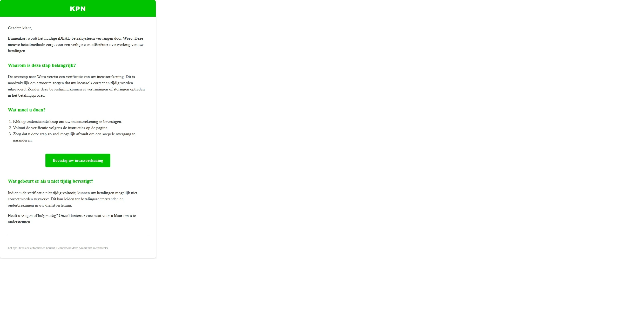 Een phishing mail met onderwerp Belangrijke veranderingen betreft iDeal, Wero en uw facturatie.