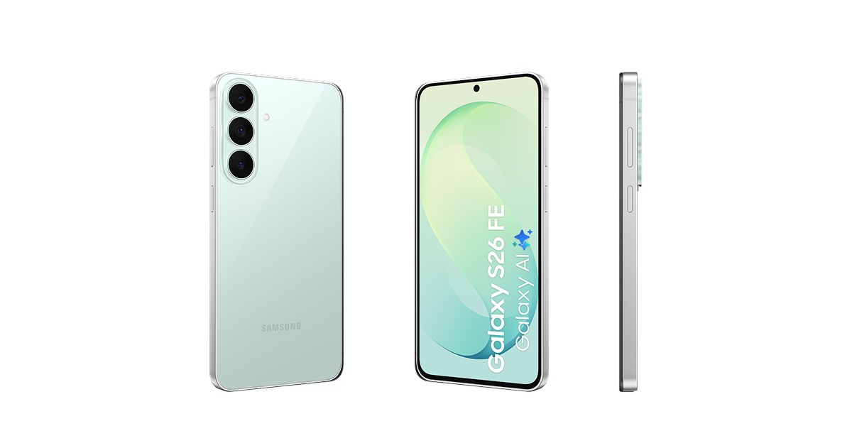 Achterkant, voorkant en zijkant van de lichtgroene Samsung Galaxy S26 FE