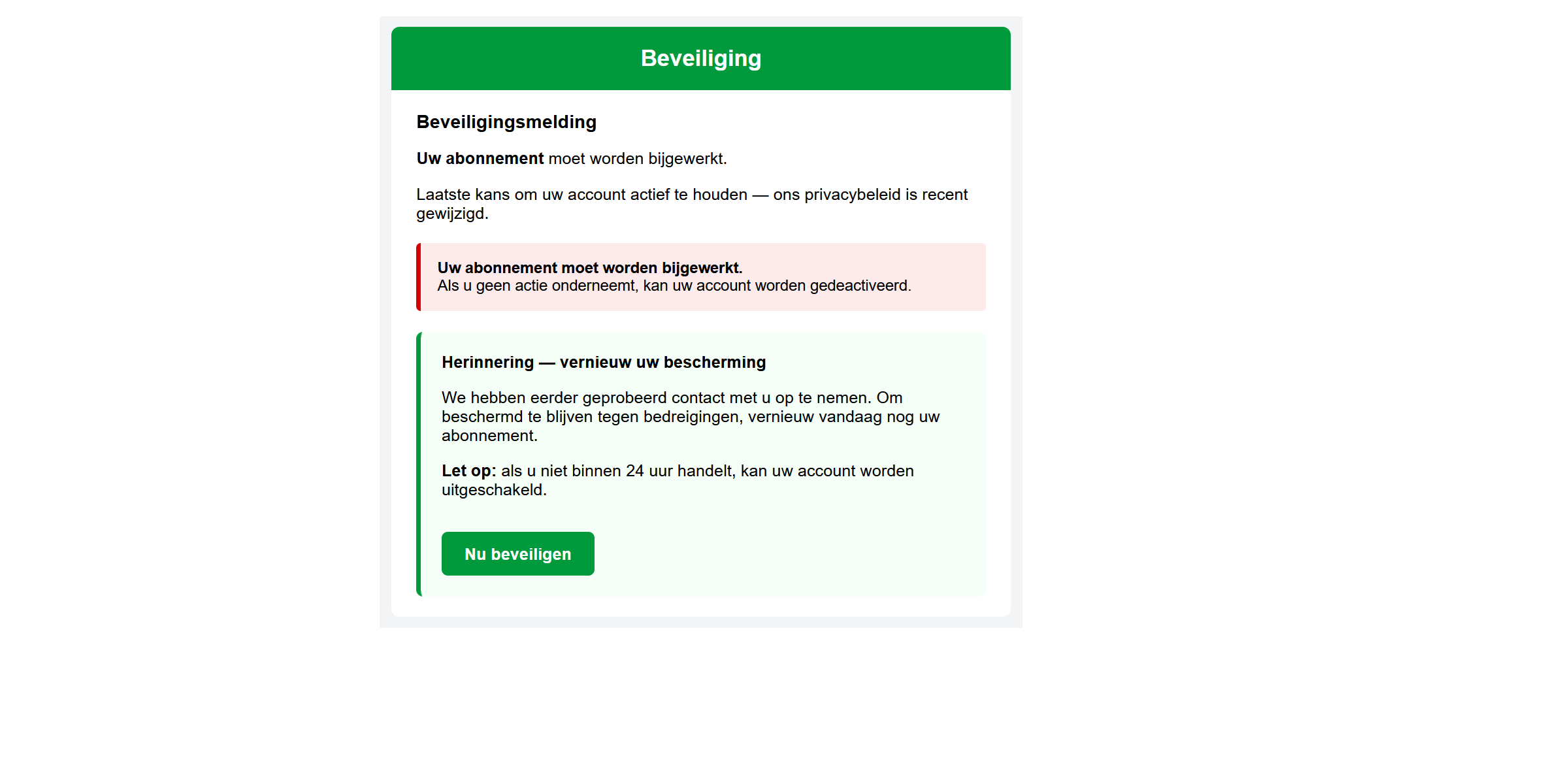 Afbeelding van phishing mail met onderwerp: "Wij zijn niet verantwoordelijk als u uw account niet verifieert"